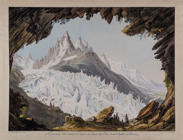 Vue prise de la voûte nommée le Chapeau, du Glacier des Bois et des Aiguilles des Charmoz, Jean-Antoine Linck, 1er quart du 19e siècle. © Collection musée Alpin Chamonix Photo Musée Alpin