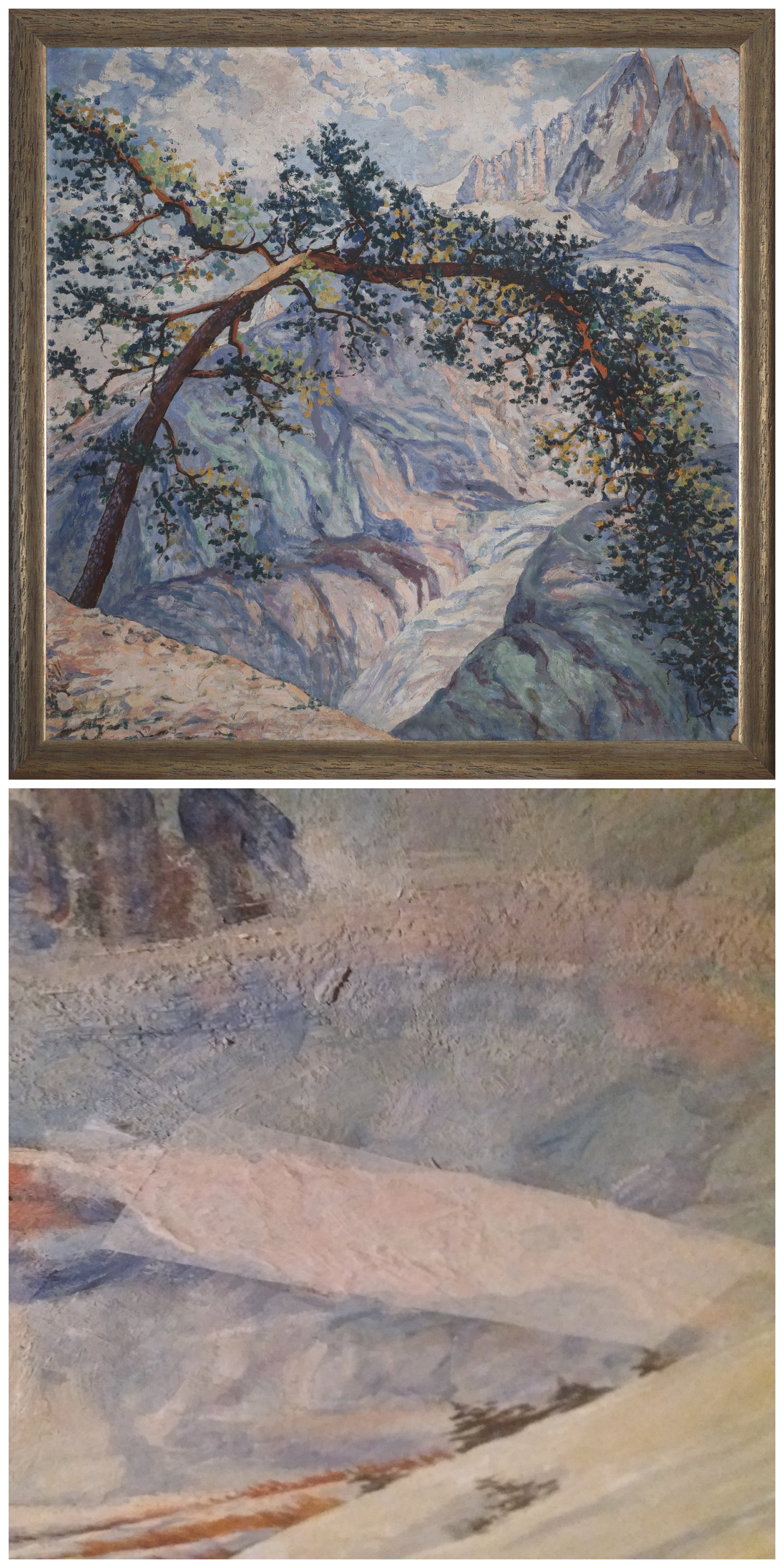 Arbre surplombant la Mer de Glace, Georgette AGUTTE ©DenisVidalie et détail de l'oeuvre avant restauration