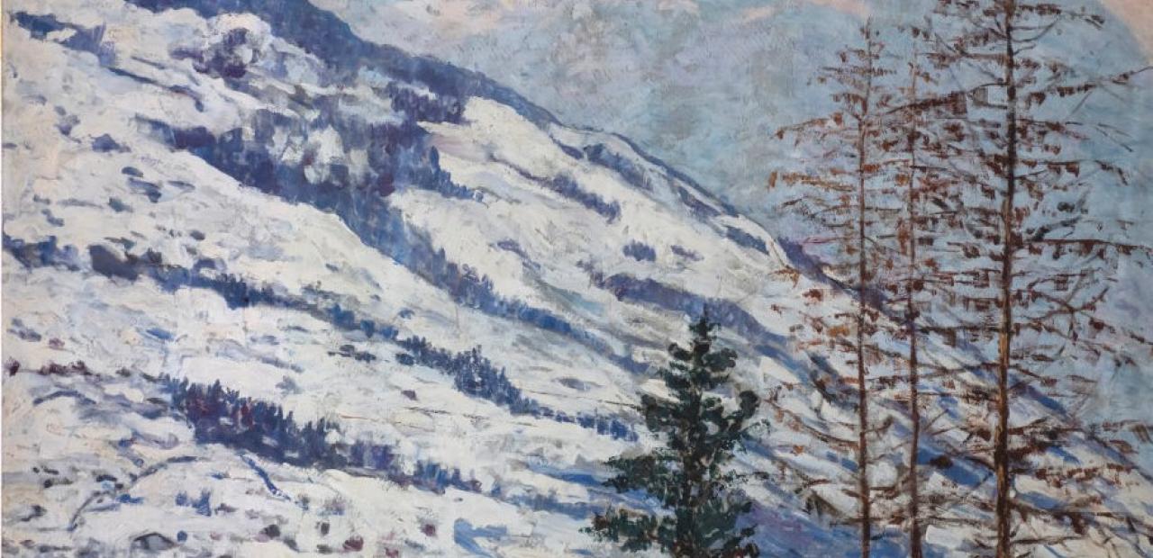 Peinture de paysage de montagnes enneigées avec des sapins au premier plan à gauche